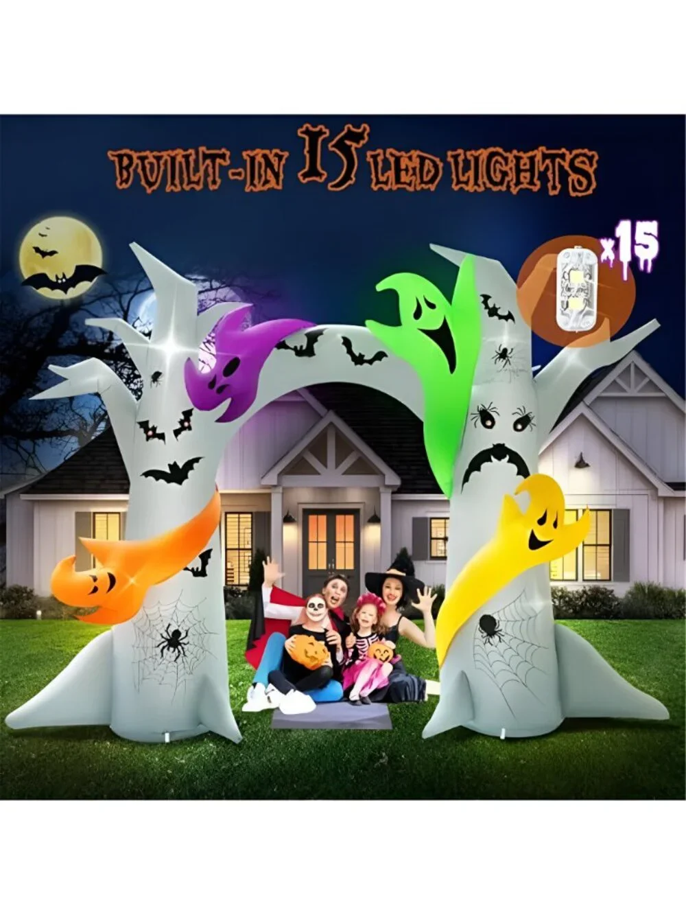 14FT Length X 10FT Tall Halloween Inflatable Tree Arch with 4 Colorful Ghosts,